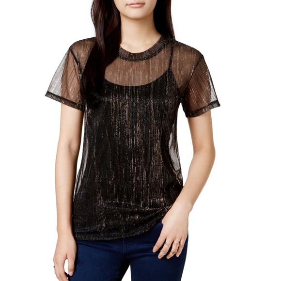 Bar III Sheer Knit Metallic Short Sleeve Crew Neck Blouse - Picture 9 of 9